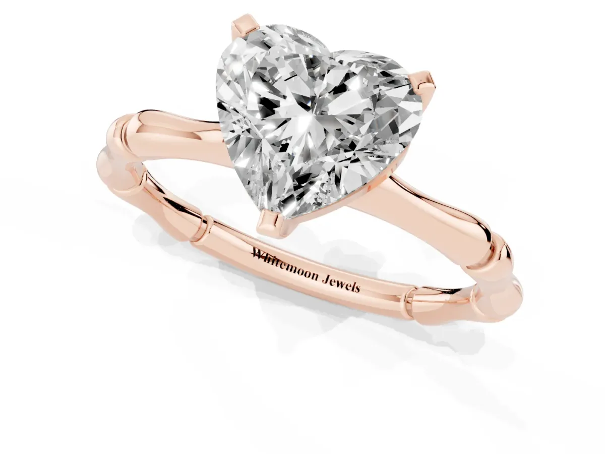 Heart Cut Solitaire Diamond Ring with Bamboo Band and Four-Prong Setting Rose gold