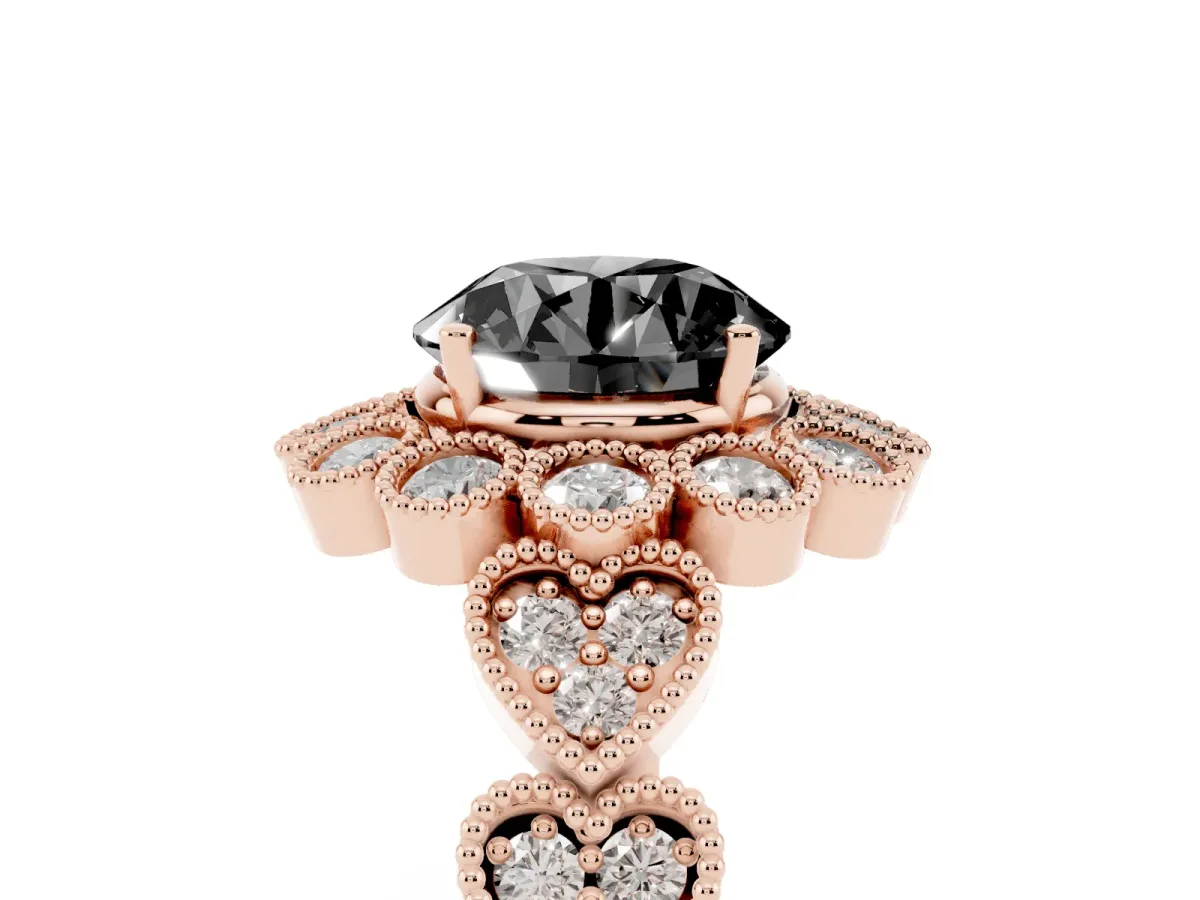 Fancy Black Round Cut Brilliant Milgrain Pave Heart Band Solitaire Ring Rose gold