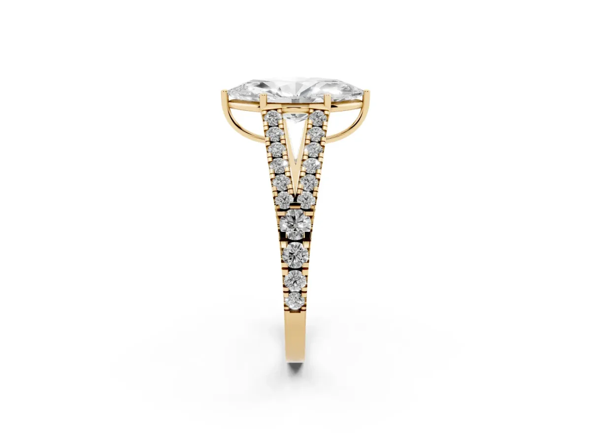 Marquise Cut Diamond Split Shank Engagement Ring with Round Pavé and Prong Setting Yellow gold