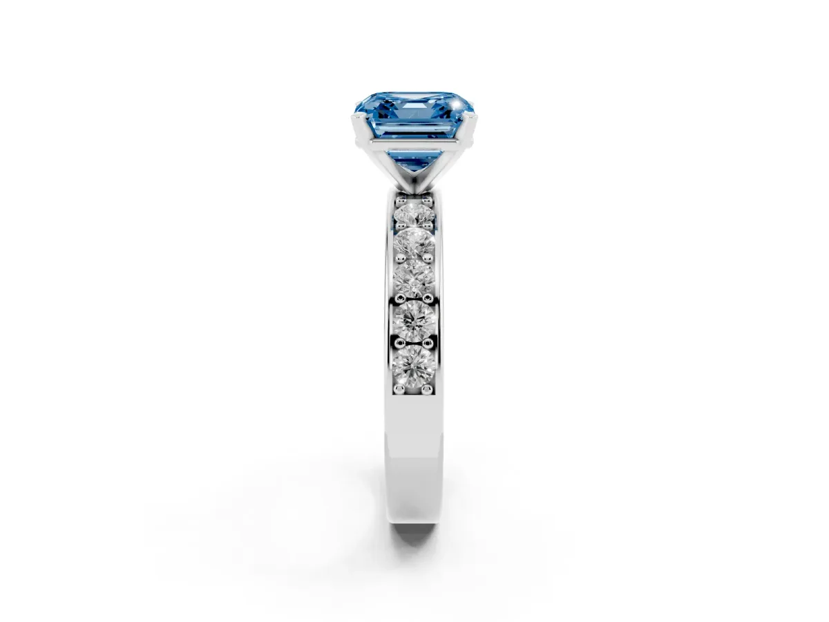 Fancy Blue Asscher Cut Diamond Engagement Ring with Channel Set Round Band and Prong Setting Silver