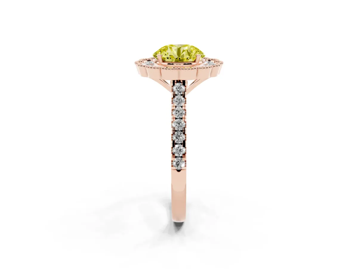Fancy Yellow Round Cut Cut Diamond Milgrain Floral Halo Engagement Ring with Pavé Band Rose gold