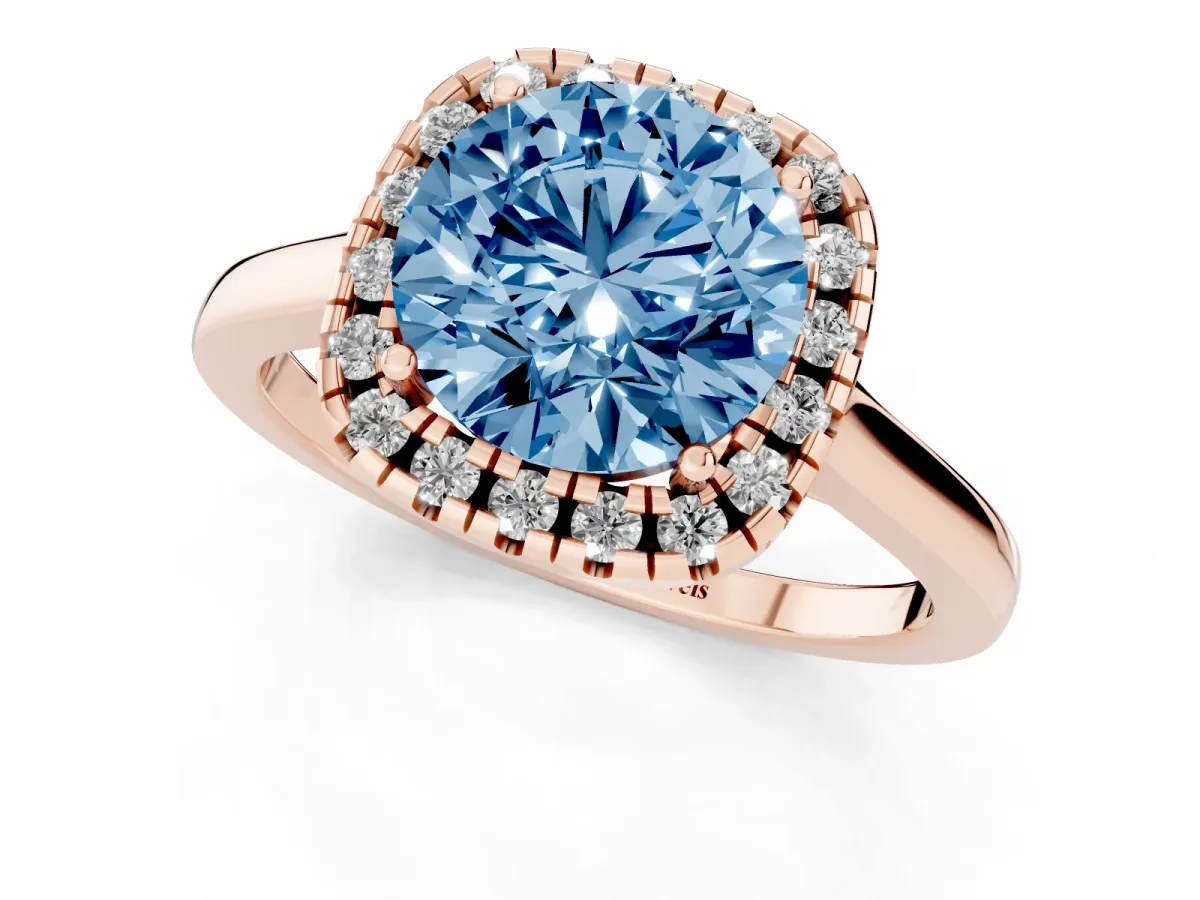 Fancy Blue Round Cut Halo Round Diamond Solitaire Ring with Pavé Band and Four-Prong Setting Rose gold
