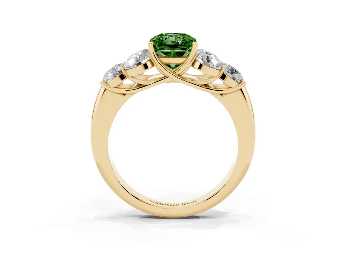 Fancy Green Radiant Cut Cut Diamond Cluster Ring with Round Accent Stones and Prong Setting on a Classic Band Yellow gold