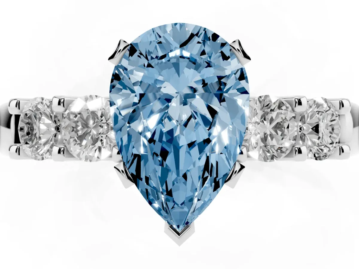 Fancy Blue Pear Cut Brilliant Cut Diamond Five-Stone Prong Set Engagement Ring with Channel Band Silver