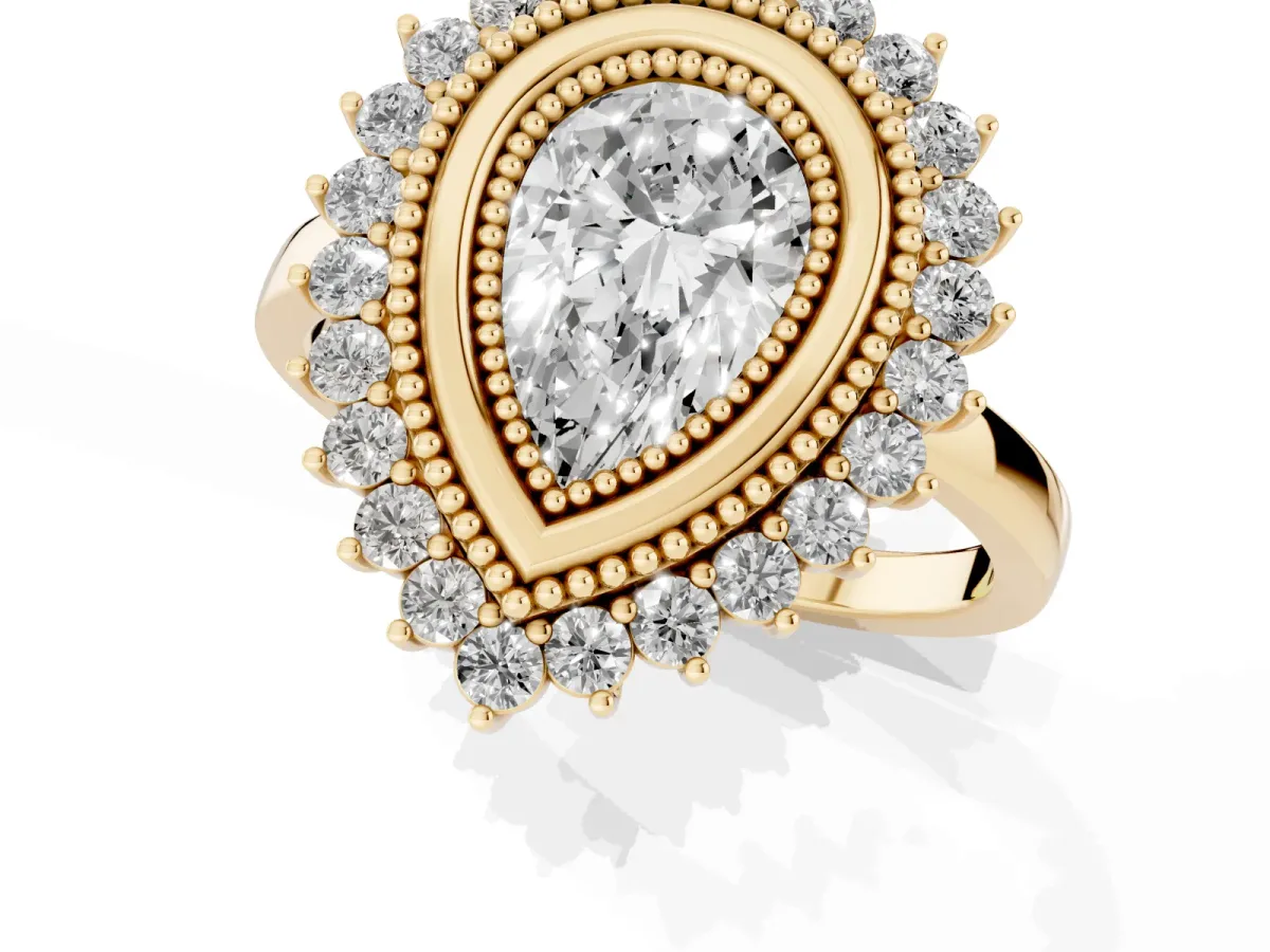 Pear Cut Halo Diamond Ring with Milgrain Edge and Round Prong Setting Yellow gold