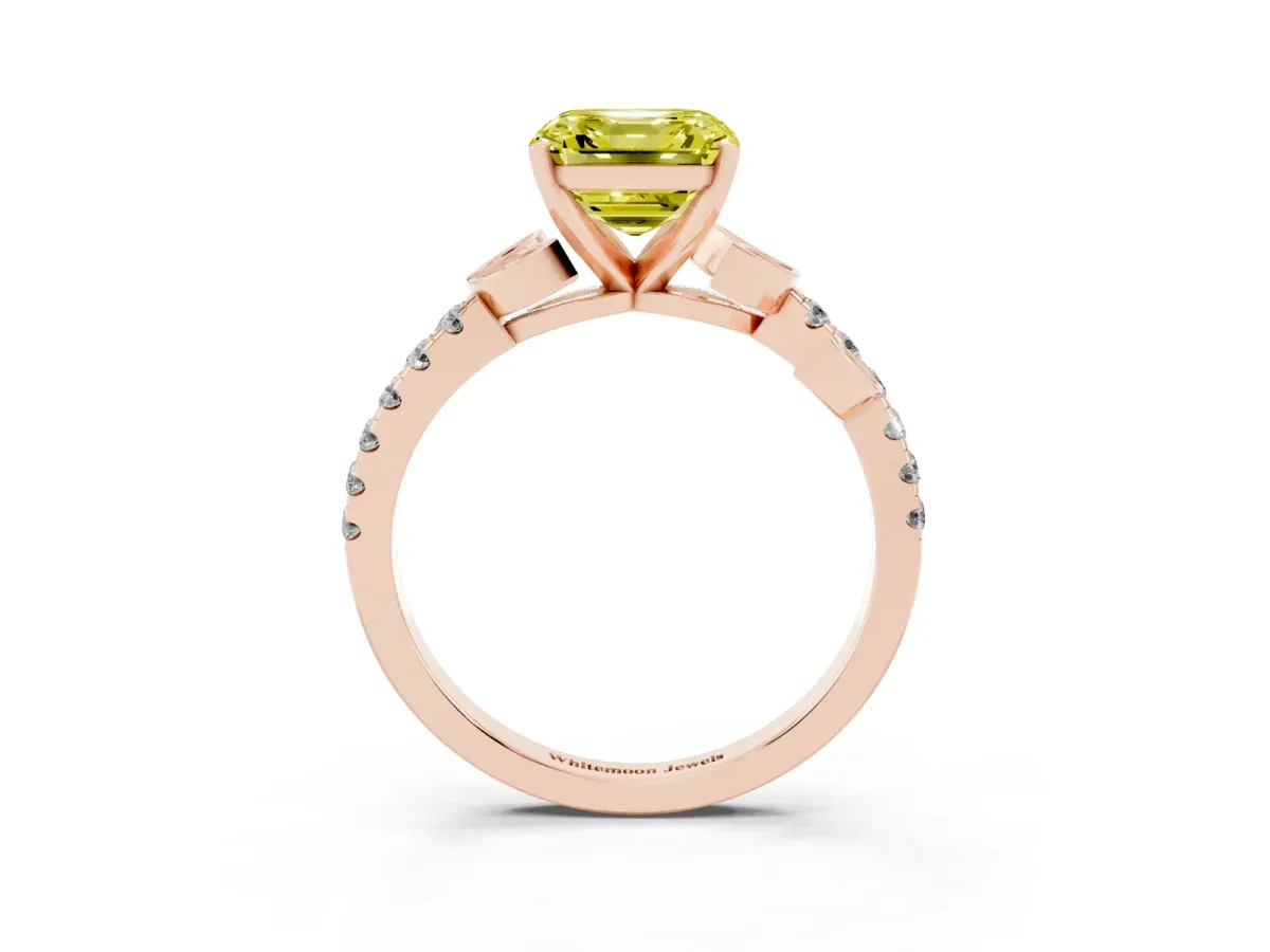 Fancy Yellow Asscher Cut Solitaire Leaf-Inspired Diamond Ring with Pavé Band and Four-Prong Setting Rose gold