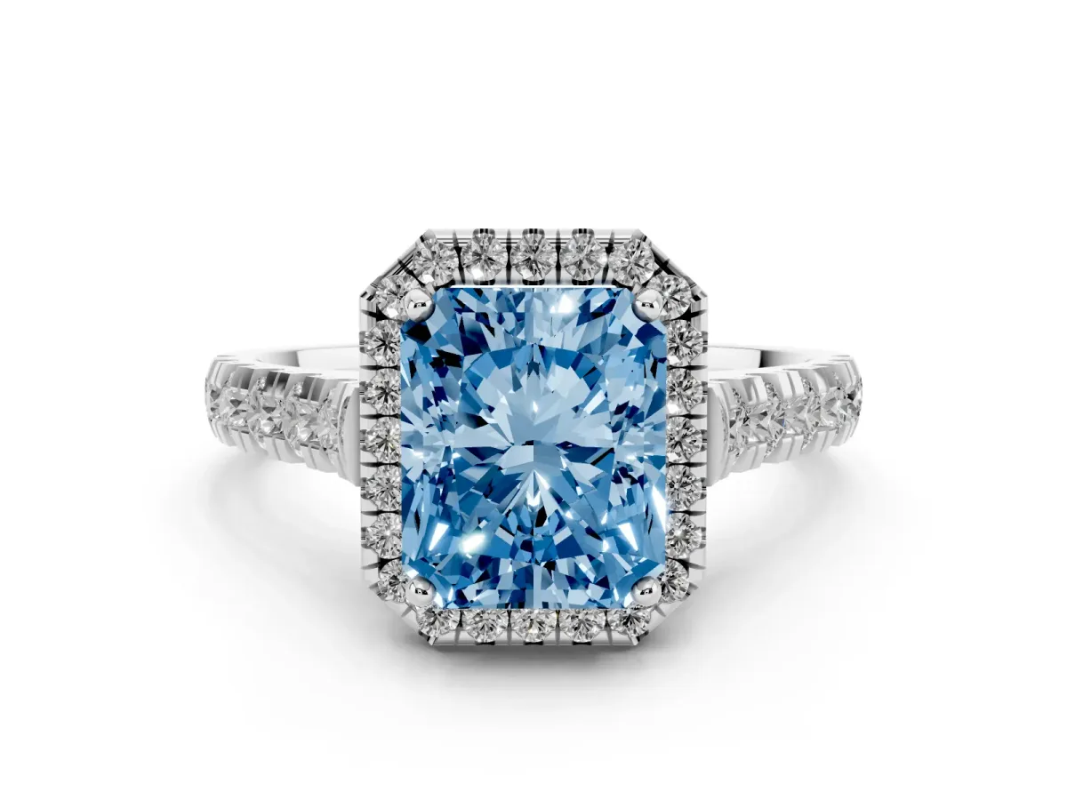 Fancy Blue Radiant Cut Halo Pavé Diamond Engagement Ring with Four-Prong Setting Silver