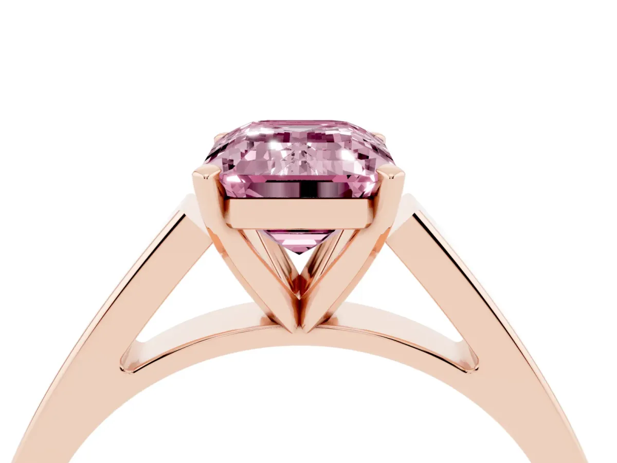 Fancy Pink Emerald Cut Solitaire Engagement Ring with Four-Prong Setting and Tapered Band Rose gold