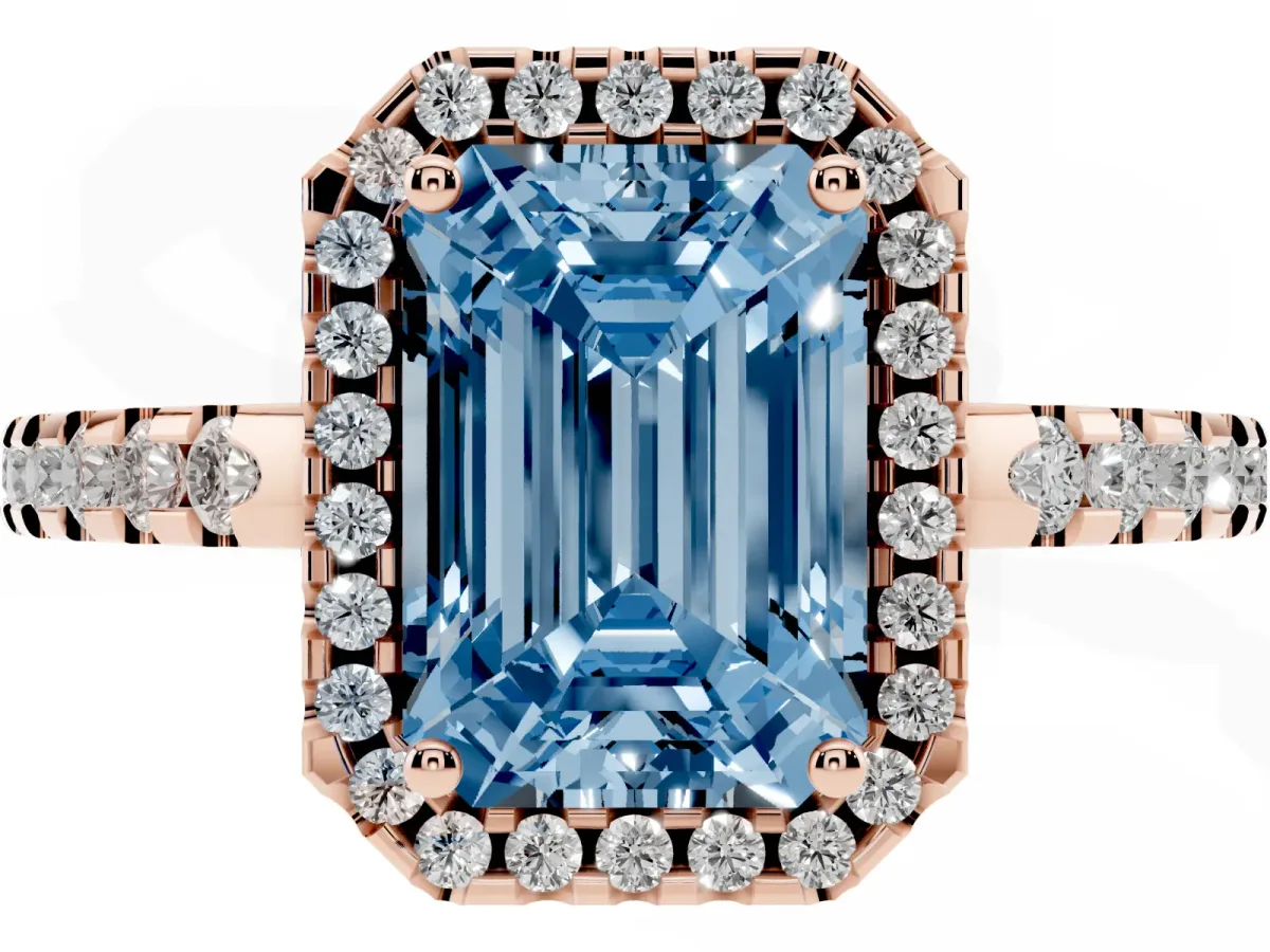 Fancy Blue Emerald Cut Diamond Halo Engagement Ring with Pavé Band and Prong Setting Rose gold