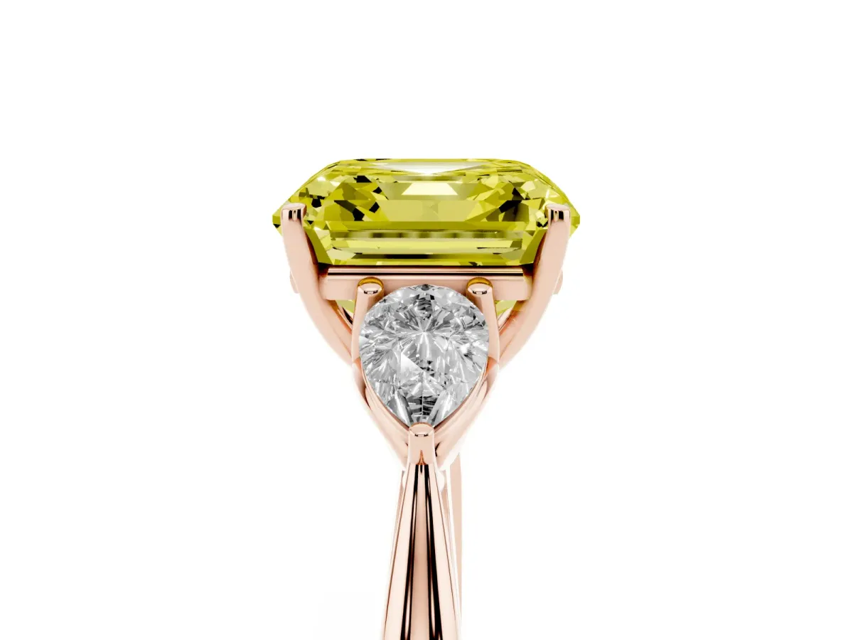 Fancy Yellow Three-Stone Asscher Cut Diamond Ring with Pear Side Stones in Four-Prong Setting Rose gold