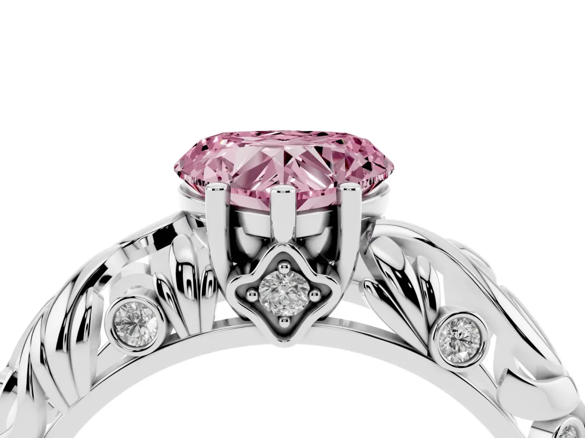 Fancy Pink Heart Cut Solitaire Diamond Leaf-Inspired Vine Band Ring with Prong Setting Platinum