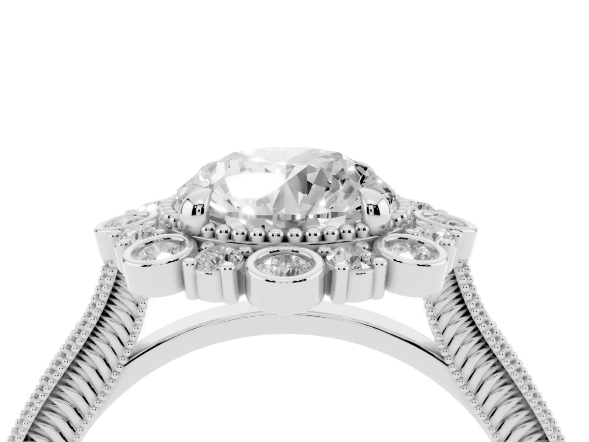 Round Cut Halo Milgrain Pave Diamond Ring with Four-Prong Setting Platinum