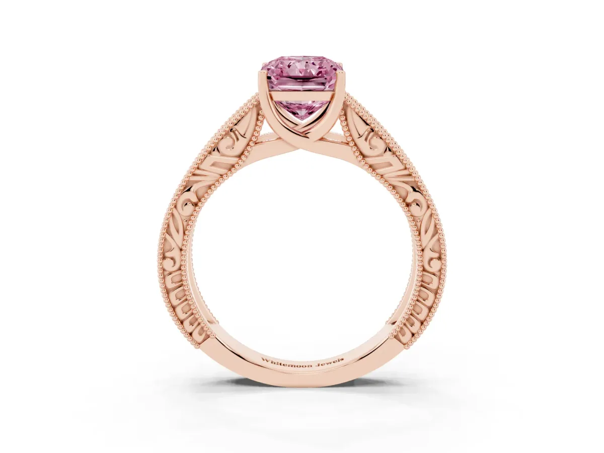 Fancy Pink Radiant Cut Diamond Solitaire Ring with Engraved Band and Four-Prong Setting Rose gold