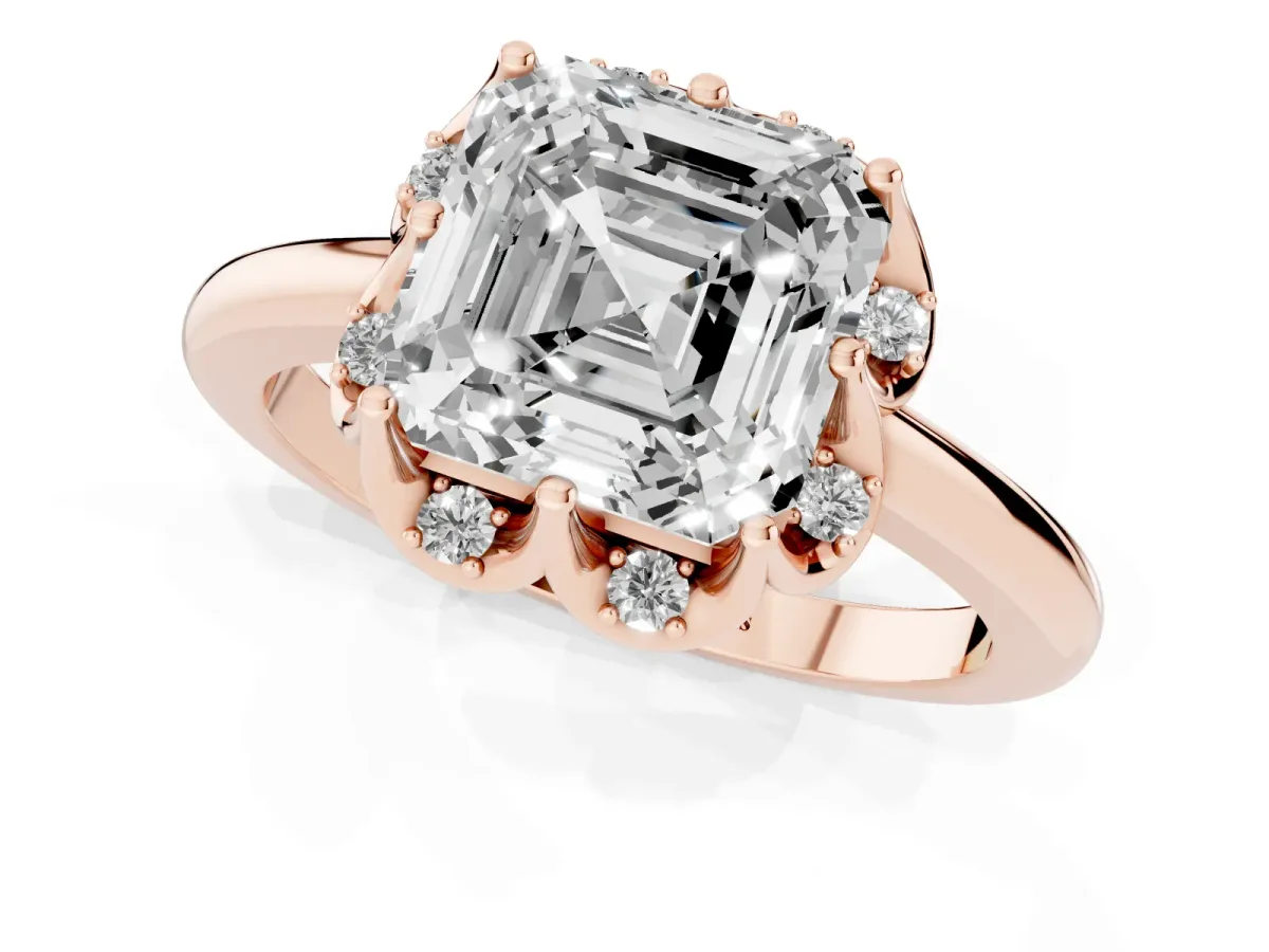 Asscher Cut Halo Diamond Ring with Round Cluster Setting, Solitaire Band, and Four-Prong Setting Rose gold