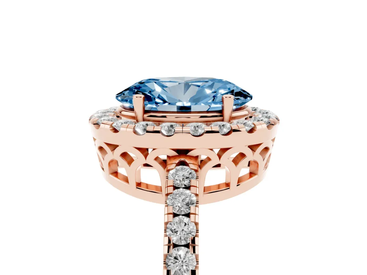 Fancy Blue Oval Cut Halo Diamond Engagement Ring with Pavé Band and Four-Prong Setting Rose gold