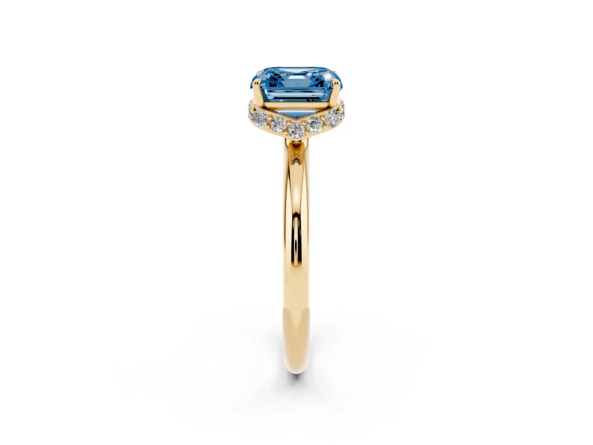 Fancy Blue Asscher Cut Brilliant Solitaire Engagement Ring with Six-Prong Setting and Classic Band Yellow gold