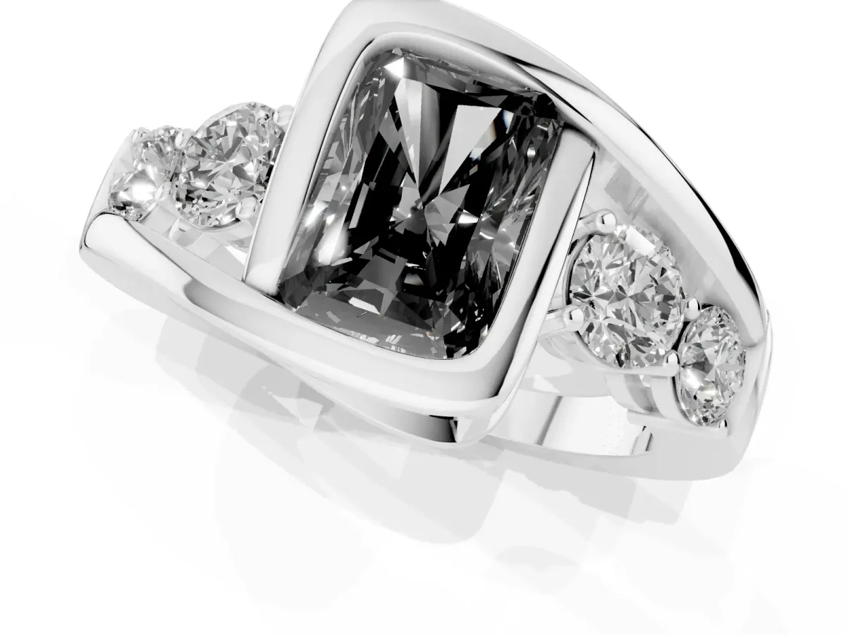 Fancy Black Bezel Set Radiant Cut Diamond Bypass Ring with Round Accents Silver