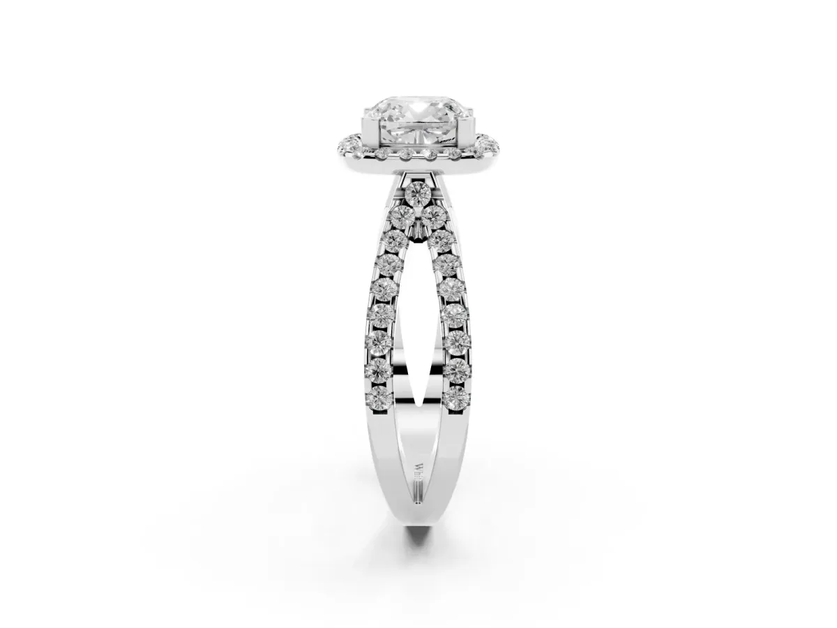 Cushion Cut Diamond Halo Ring with Split Shank Pavé Band and Prong Setting Silver