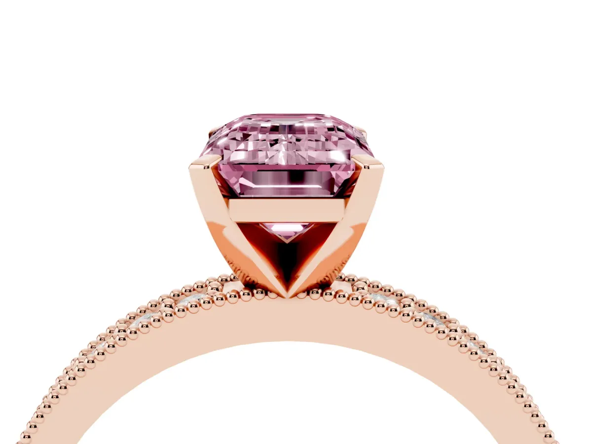 Fancy Pink Emerald Cut Diamond Milgrain Pavé Engagement Ring with Four-Prong Setting Rose gold