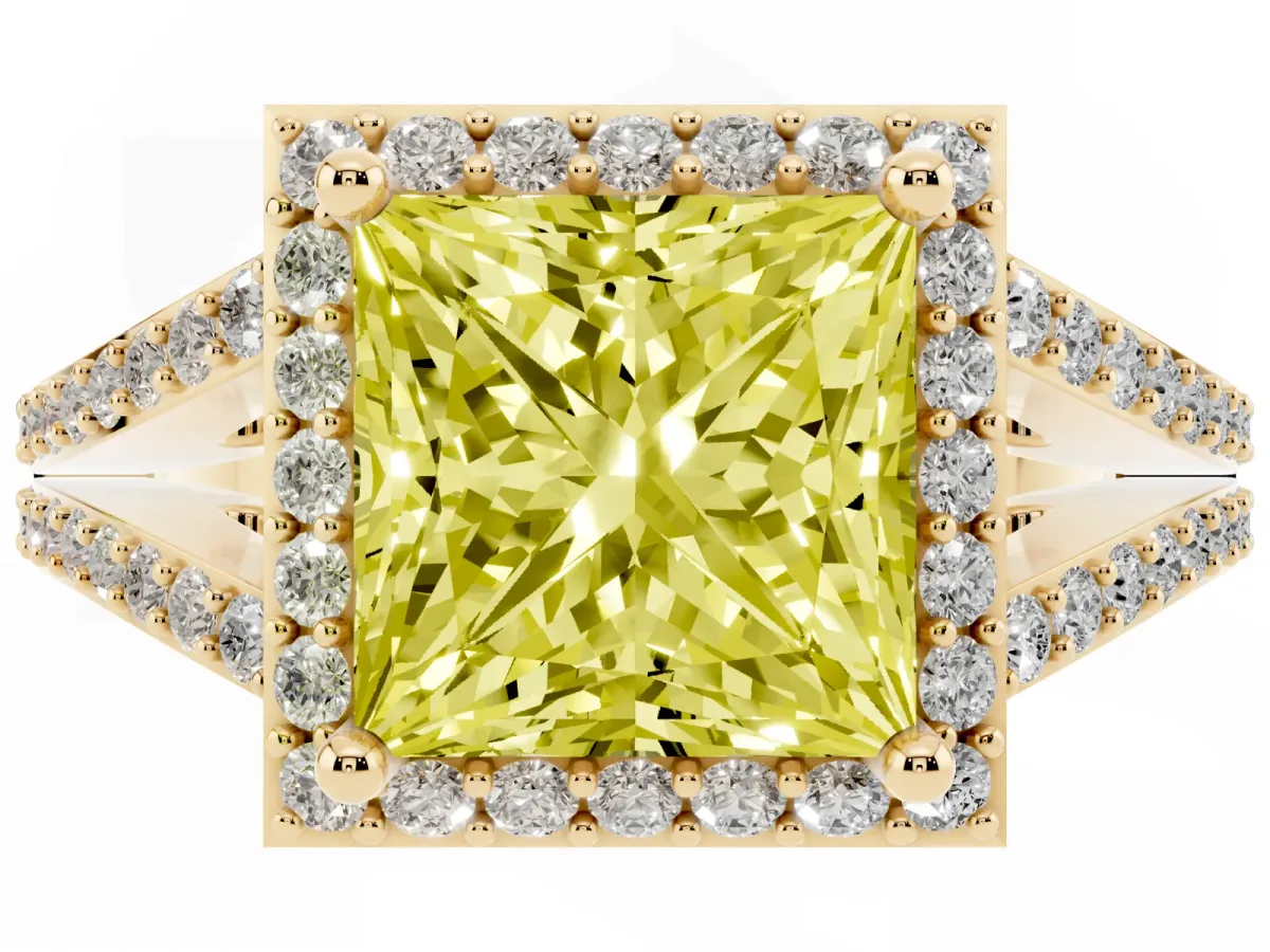 Fancy Yellow Princess Cut Halo Split Shank Pave Diamond Ring with Four-Prong Setting Yellow gold