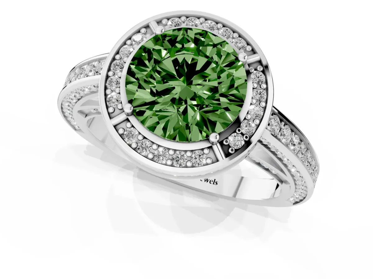 Fancy Green Round Cut Cut Halo Pave Split Shank Prong Setting Ring Silver