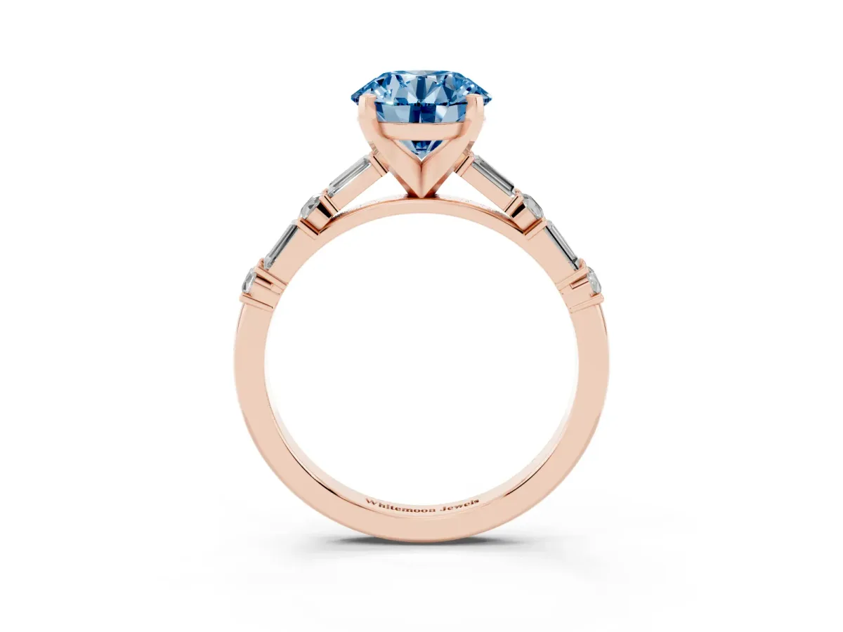 Fancy Blue Round Cut Diamond Solitaire with Side Baguettes and Channel Set Band Rose gold