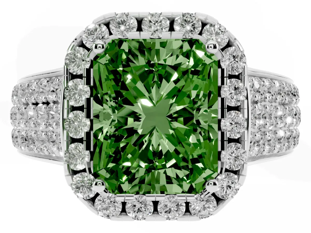 Fancy Green Radiant Cut Halo Round Diamond Pave Band with Prong Setting Silver