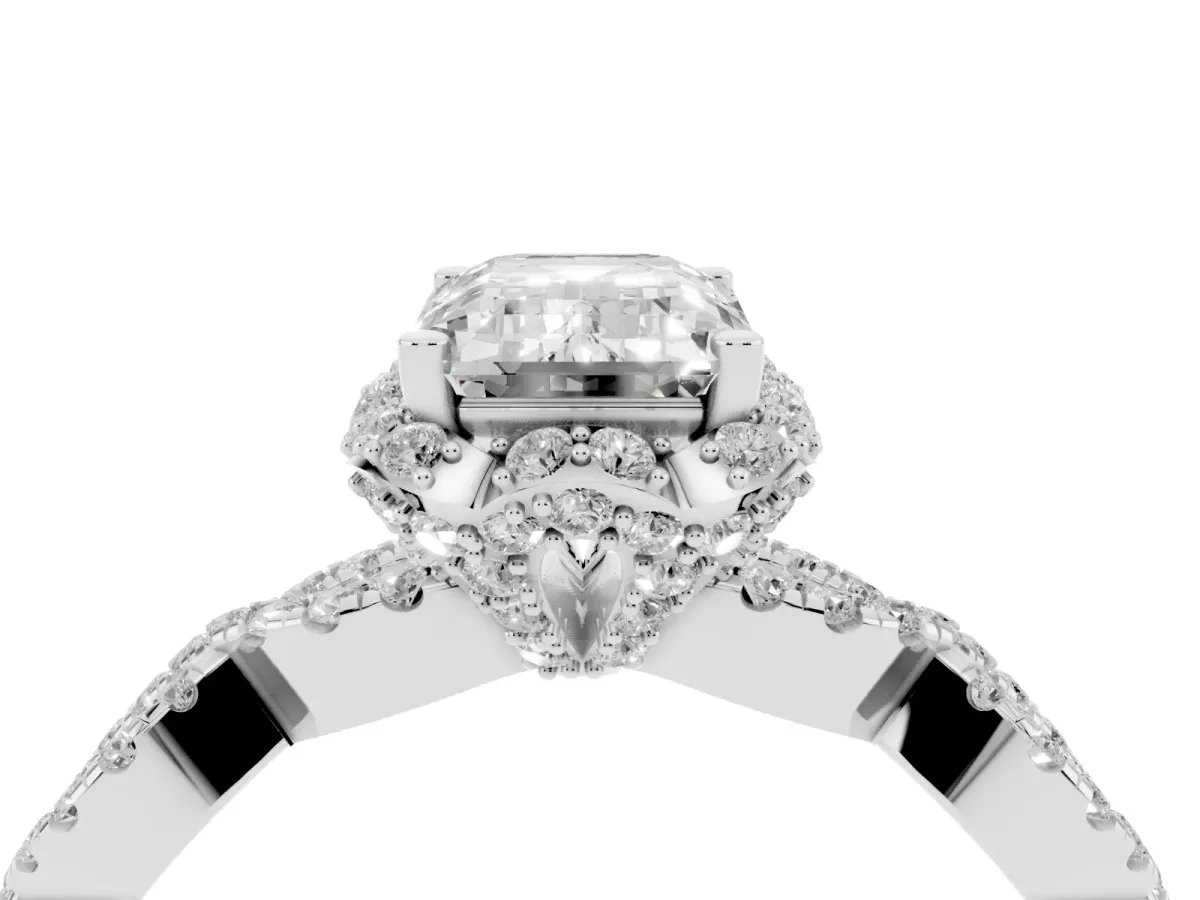 Emerald Cut Halo Twist Band Solitaire Ring with Six-Prong Setting Silver