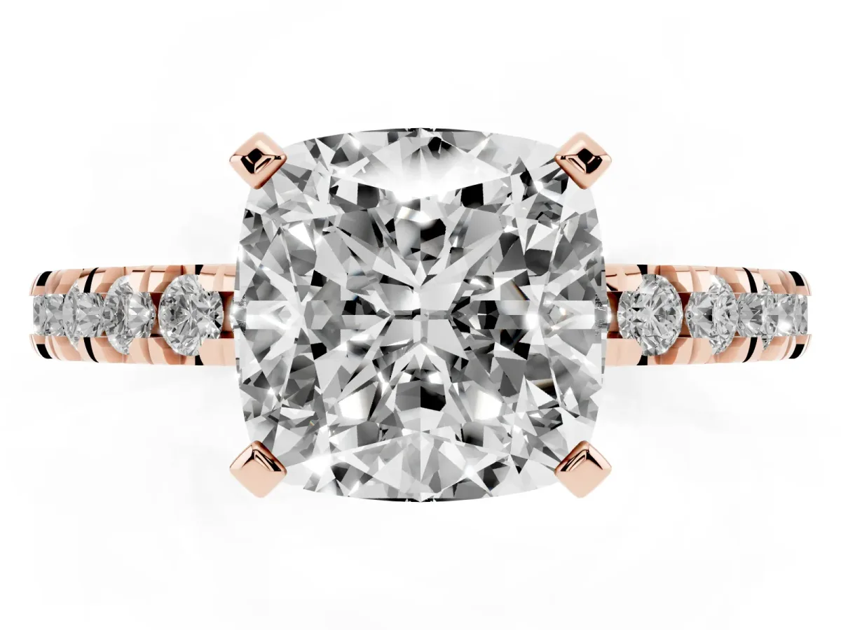Cushion Cut Diamond Pavé Band Solitaire with Four-Prong Setting Rose gold