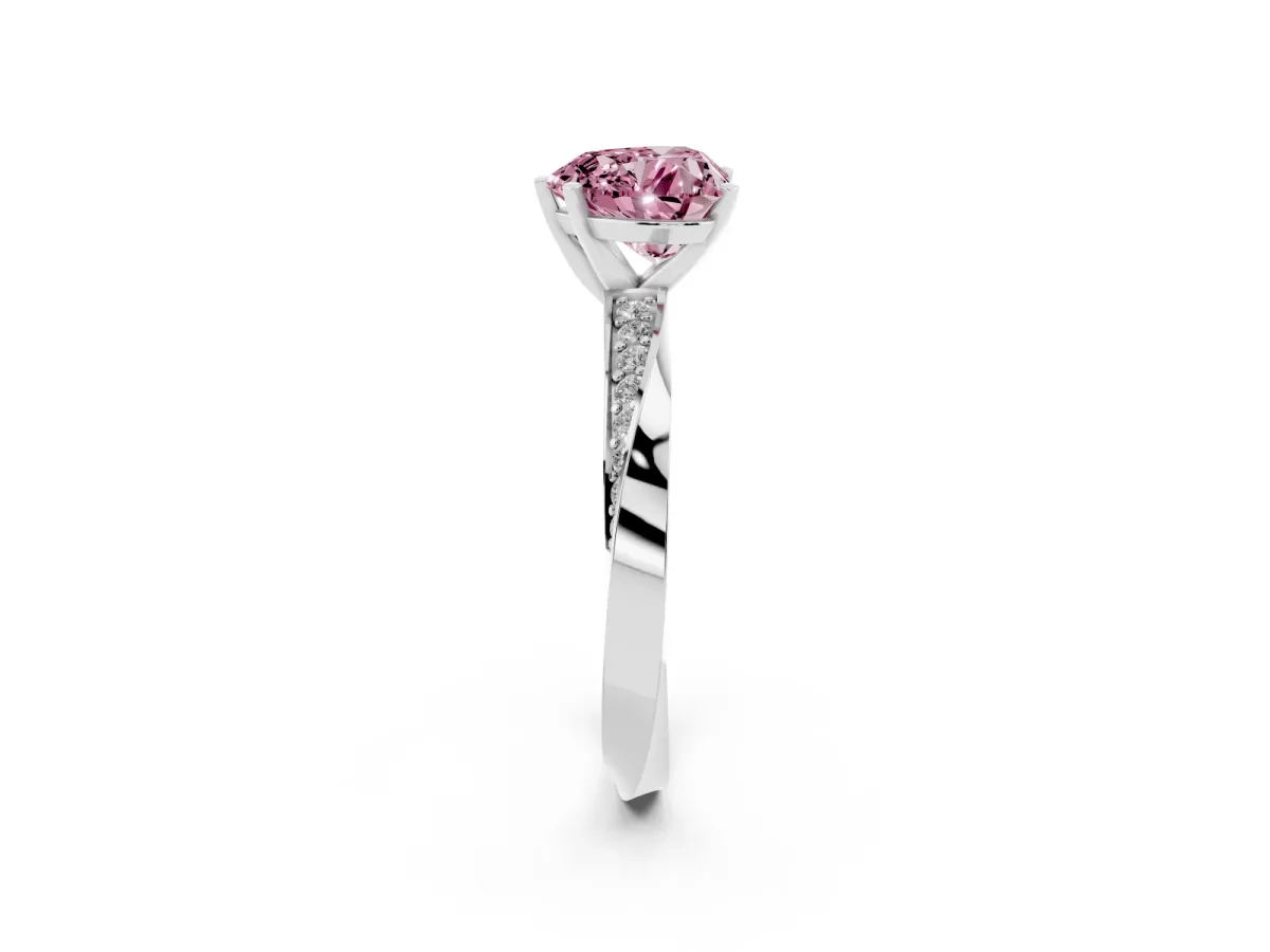 Fancy Pink Heart Cut Diamond Engagement Ring with Side Stone Accents and Four-Prong Setting Platinum
