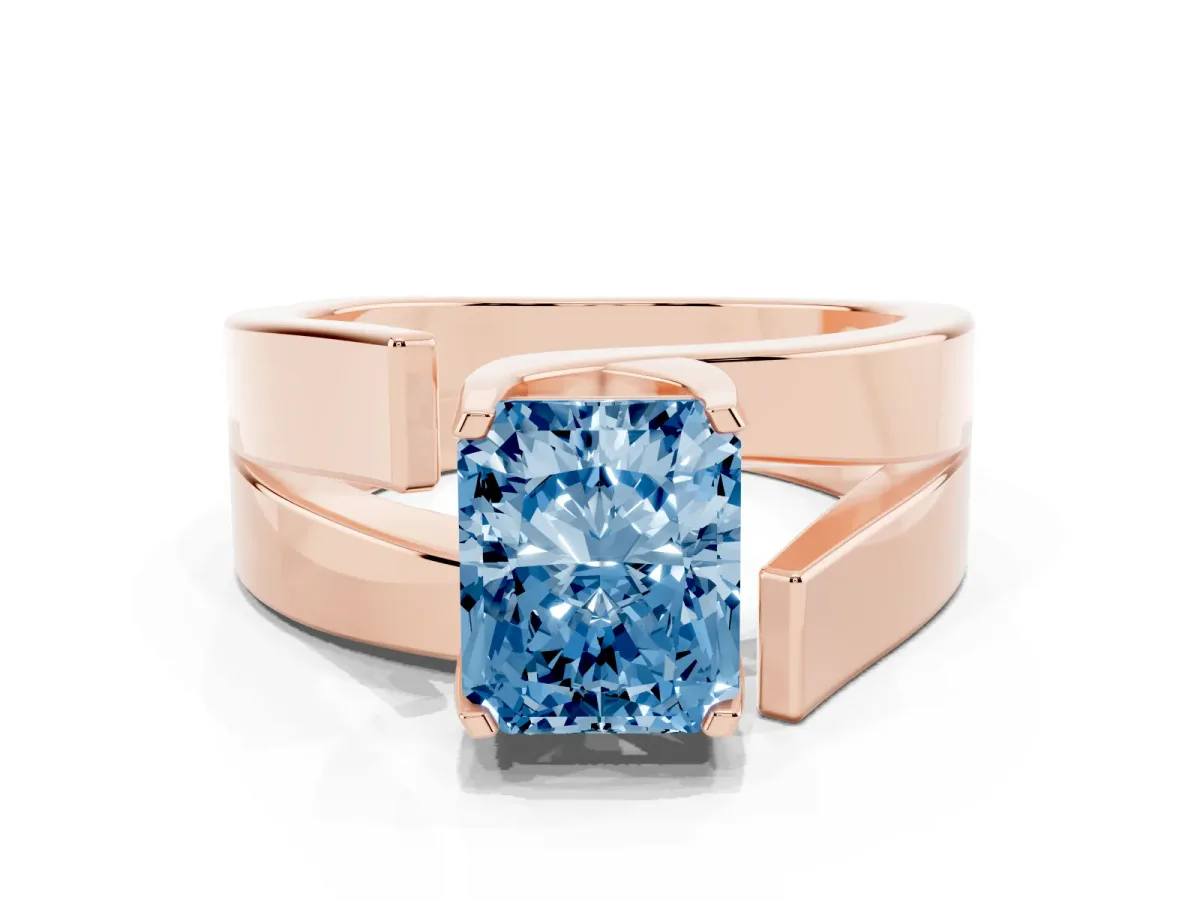 Fancy Blue Modern Tension Set Radiant Cut Diamond Solitaire Wide Band Ring Rose gold