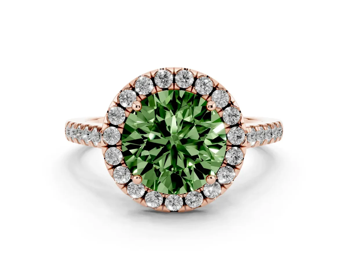 Fancy Green Round Cut Halo Pavé Diamond Engagement Ring with Four-Prong Setting Rose gold
