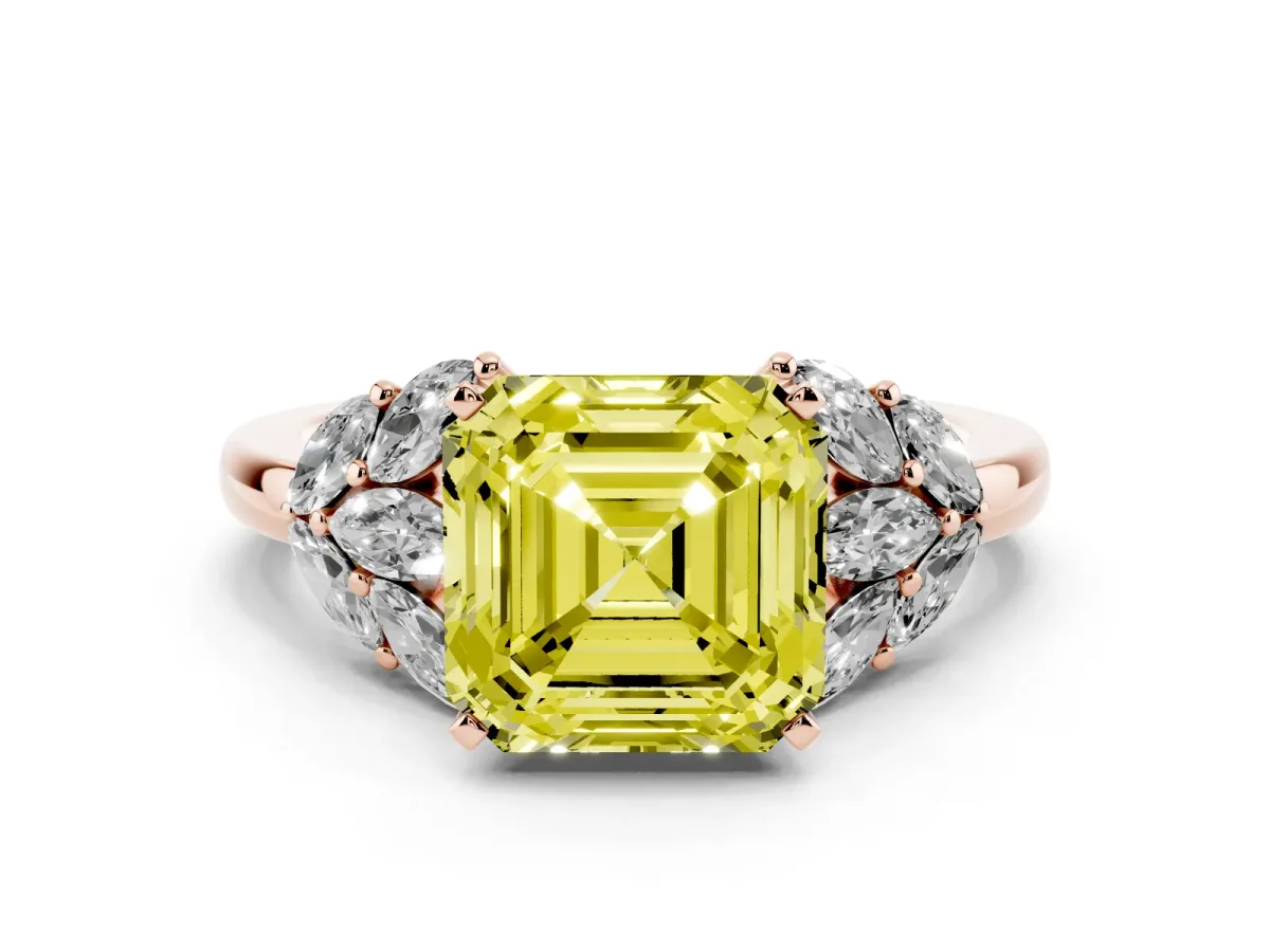 Fancy Yellow Asscher Cut Diamond Cluster Leaf Design Ring with Prong Setting Rose gold