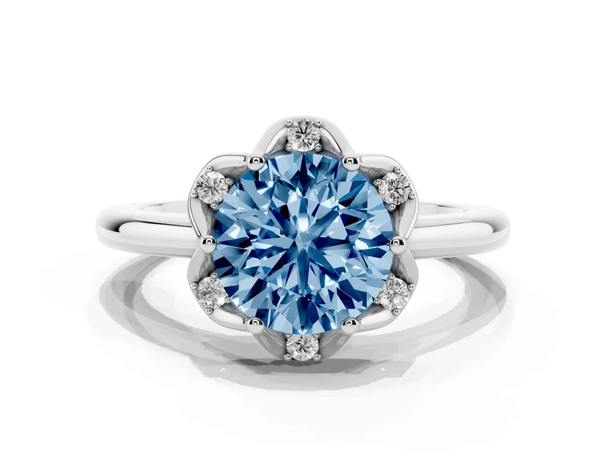 Fancy Blue Round Cut Halo Diamond Ring with Round Cluster Setting, Solitaire Band, and Four-Prong Setting Silver