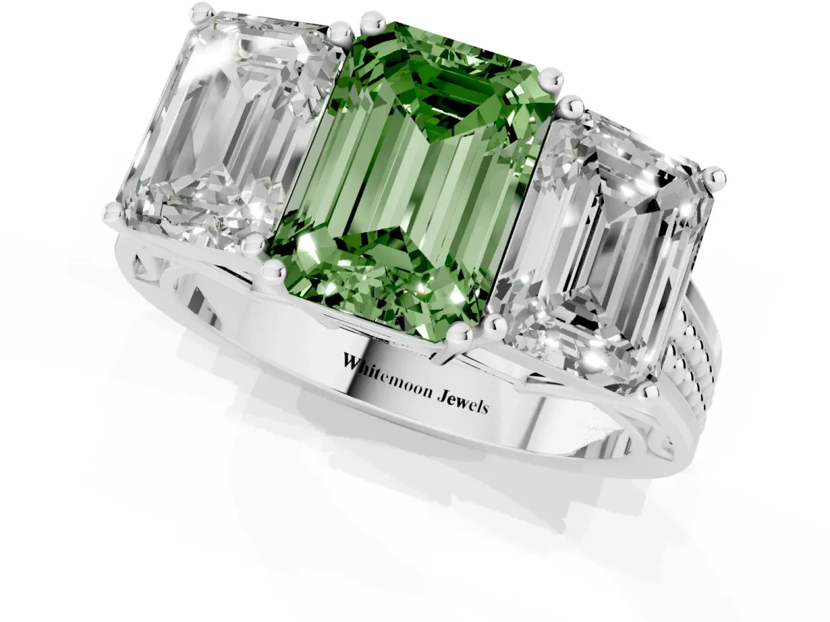 Fancy Green Emerald Cut Diamond Three-Stone Ring with Prong Setting and Textured Band Silver
