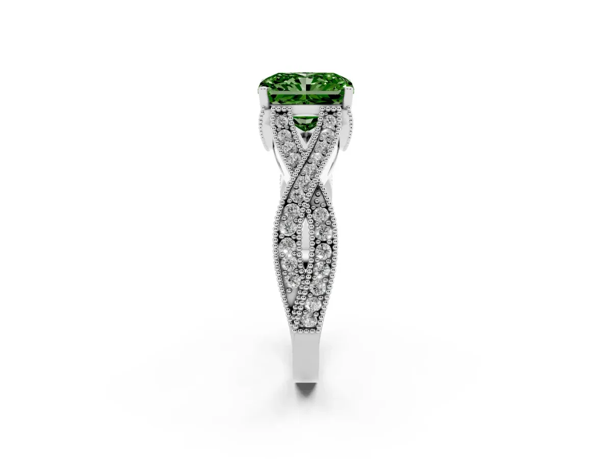 Fancy Green Radiant Cut Cut Diamond Twisted Band with Milgrain Pave Setting and Four-Prong Setting Platinum