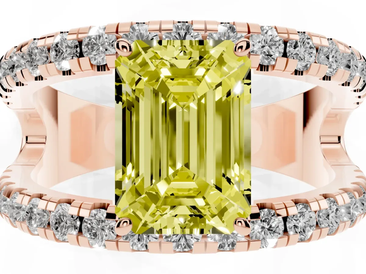 Fancy Yellow Emerald Cut Solitaire Split Shank Pave Diamond Ring Rose gold