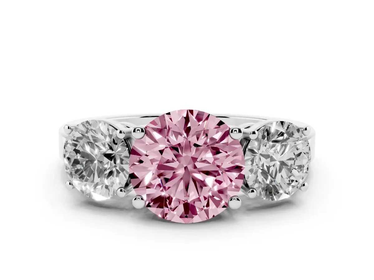 Fancy Pink Three-Stone Round Cut Cut Diamond Engagement Ring with Flat Band and Four-Prong Setting Silver
