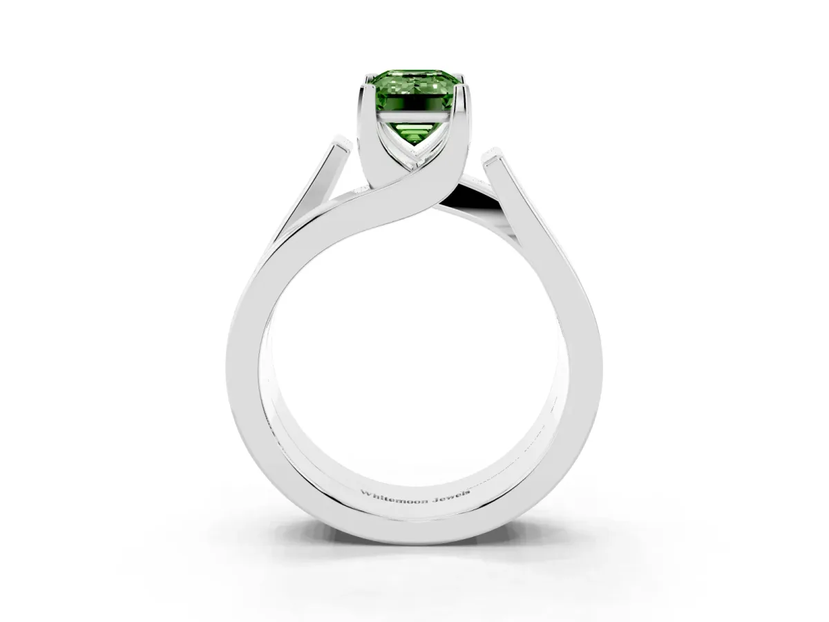 Fancy Green Modern Tension Set Emerald Cut Diamond Solitaire Wide Band Ring Silver