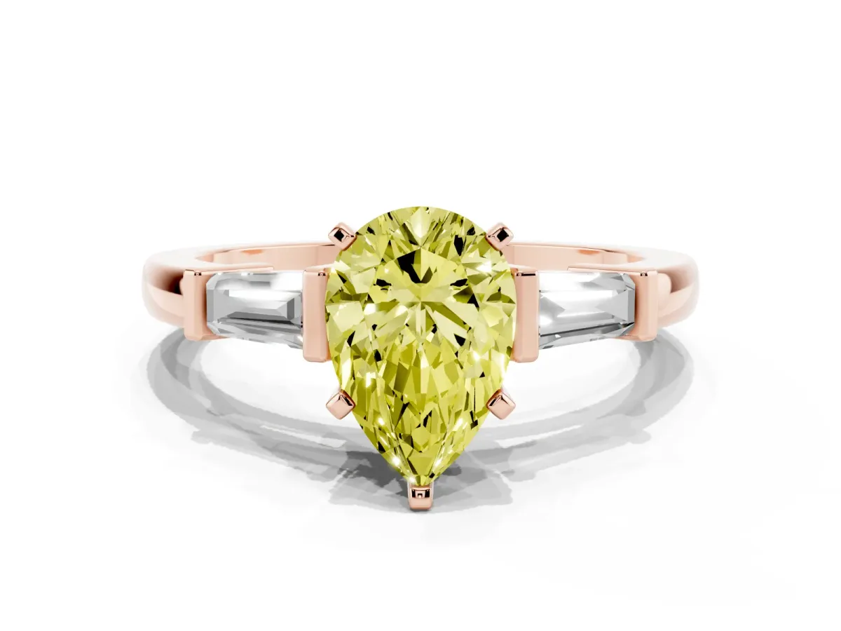 Fancy Yellow Pear Cut Cut Diamond Solitaire Ring with Tapered Baguette Accents and Four-Prong Setting Rose gold