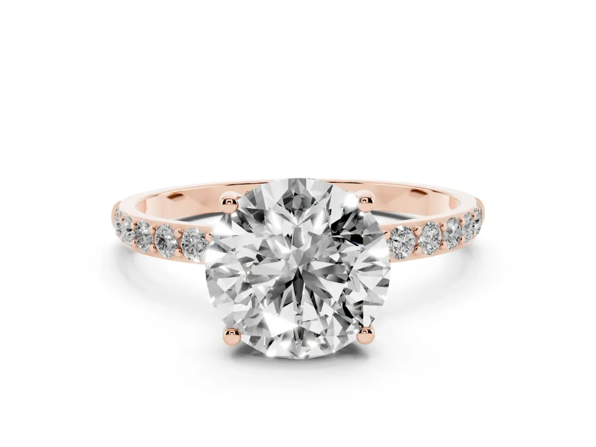Round Cut Diamond Solitaire Ring with Round Pavé Shoulders and Prong Setting Rose gold