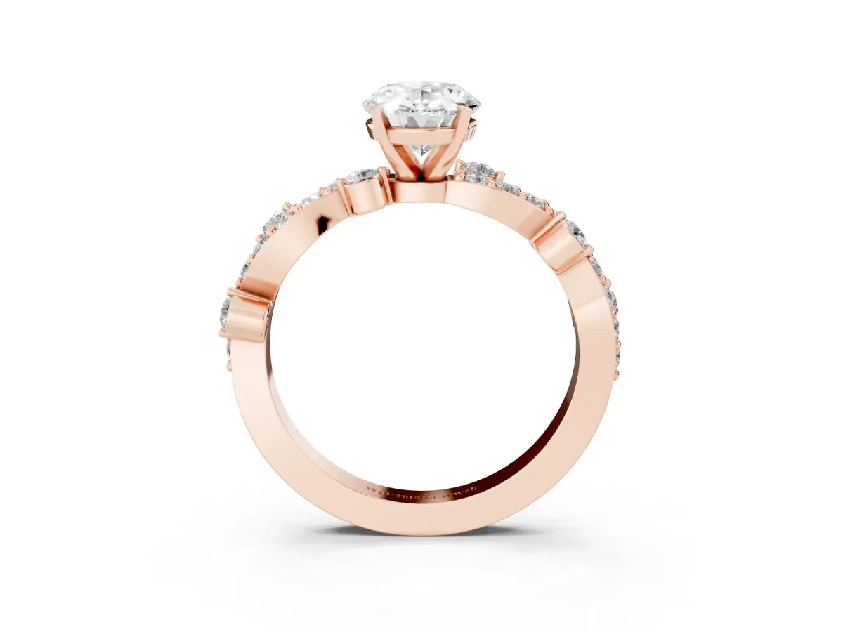 Oval Cut Cut Solitaire Diamond Twisted Band with Pave Setting Rose gold
