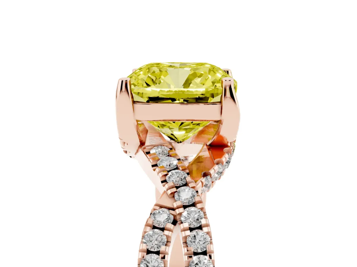 Fancy Yellow Cushion Cut Solitaire Twist Pave Diamond Engagement Ring with Prong Setting Rose gold