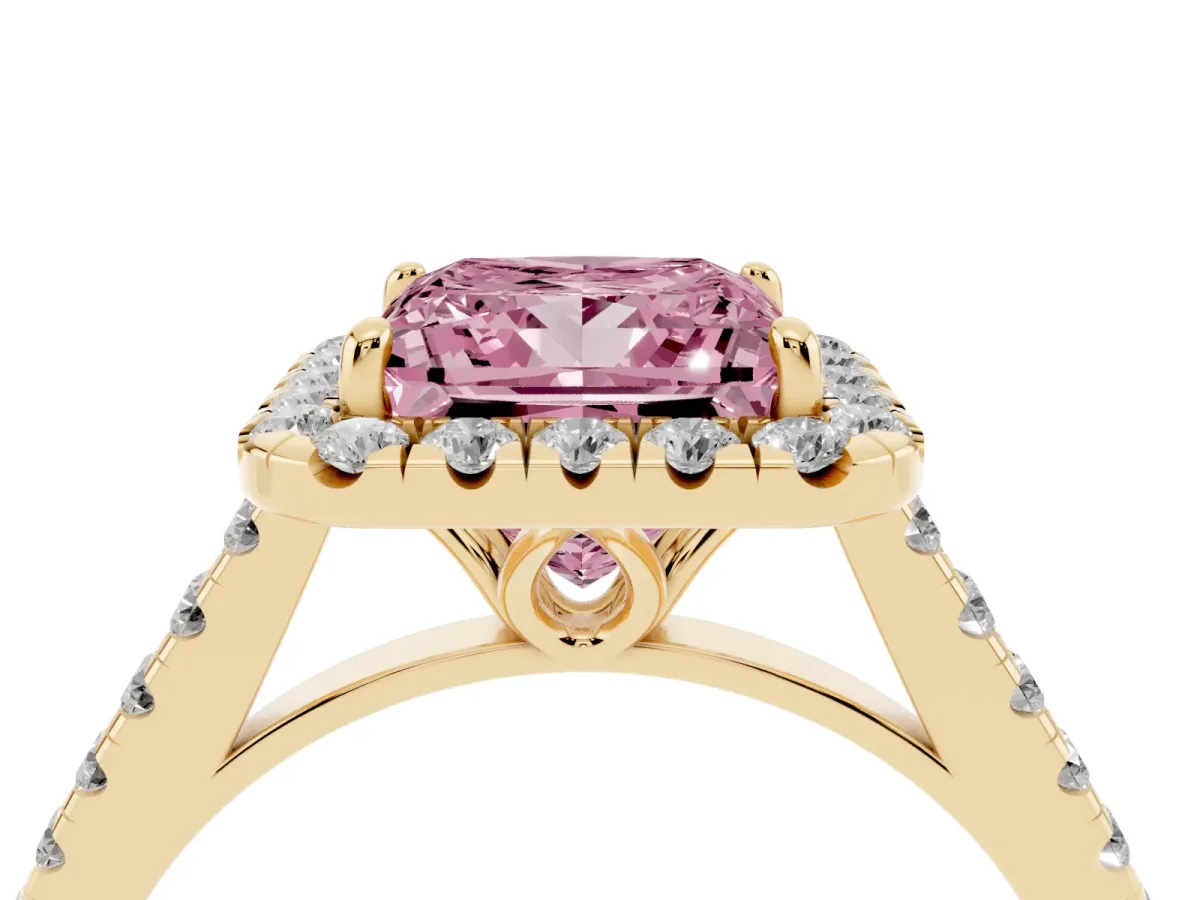 Fancy Pink Princess Cut Halo Pavé Diamond Engagement Ring with Four-Prong Setting Yellow gold