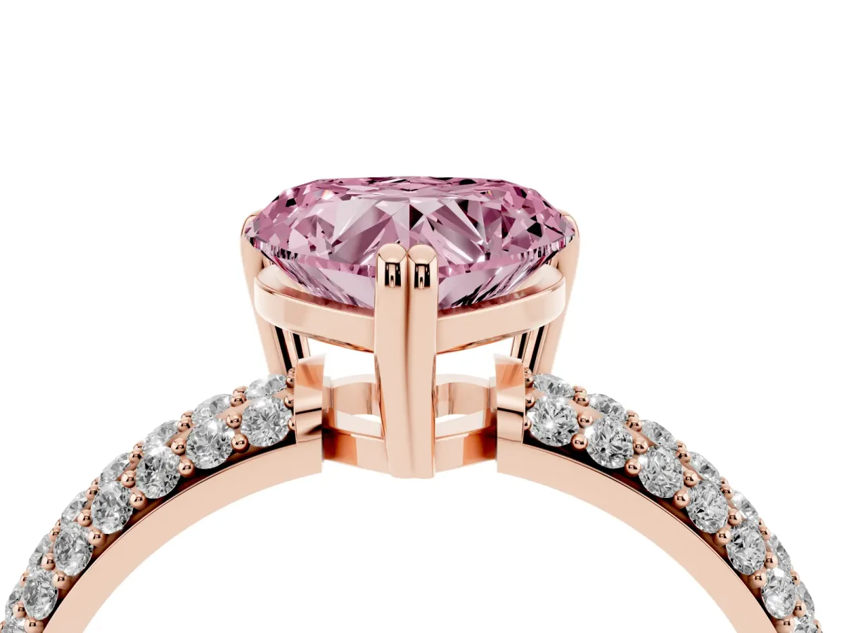 Fancy Pink Heart Cut Diamond Solitaire Ring with Multi-Row Round Pavé Band and Prong Setting Rose gold