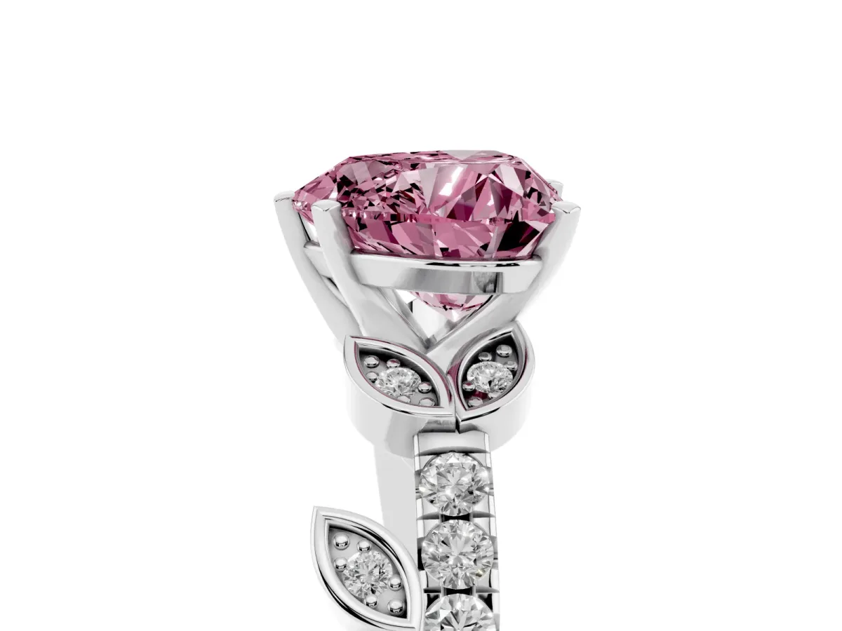 Fancy Pink Heart Cut Solitaire Leaf-Inspired Diamond Ring with Pavé Band and Four-Prong Setting Platinum