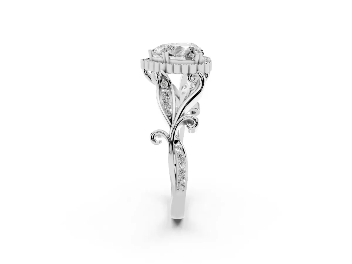 Heart Cut Diamond Halo Ring with Vintage Split Shank and Four-Prong Setting Silver