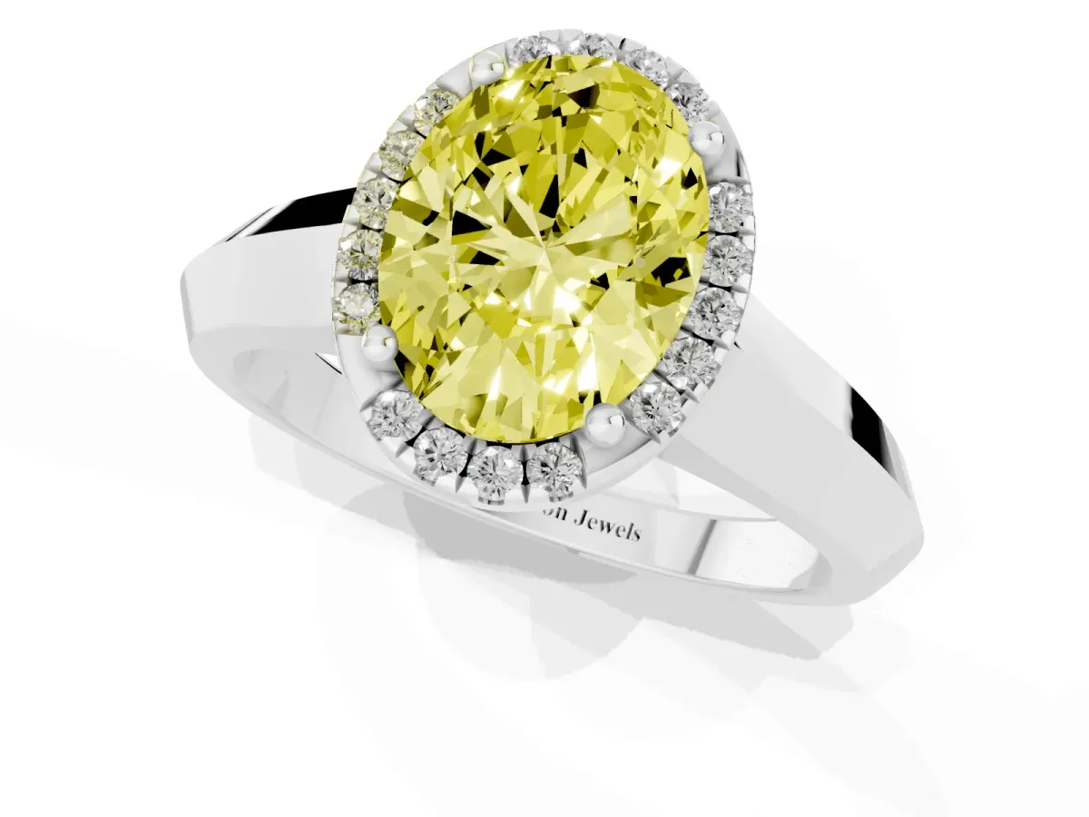 Fancy Yellow Oval Cut Halo Diamond Ring with Cathedral Band and Four-Prong Setting Platinum