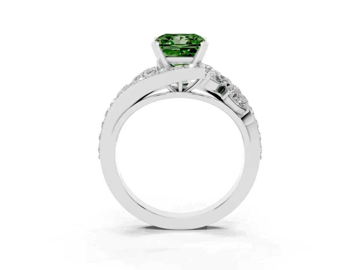 Fancy Green Princess Cut Diamond Halo Ring with Marquise and Pavé Band in Prong Setting Silver