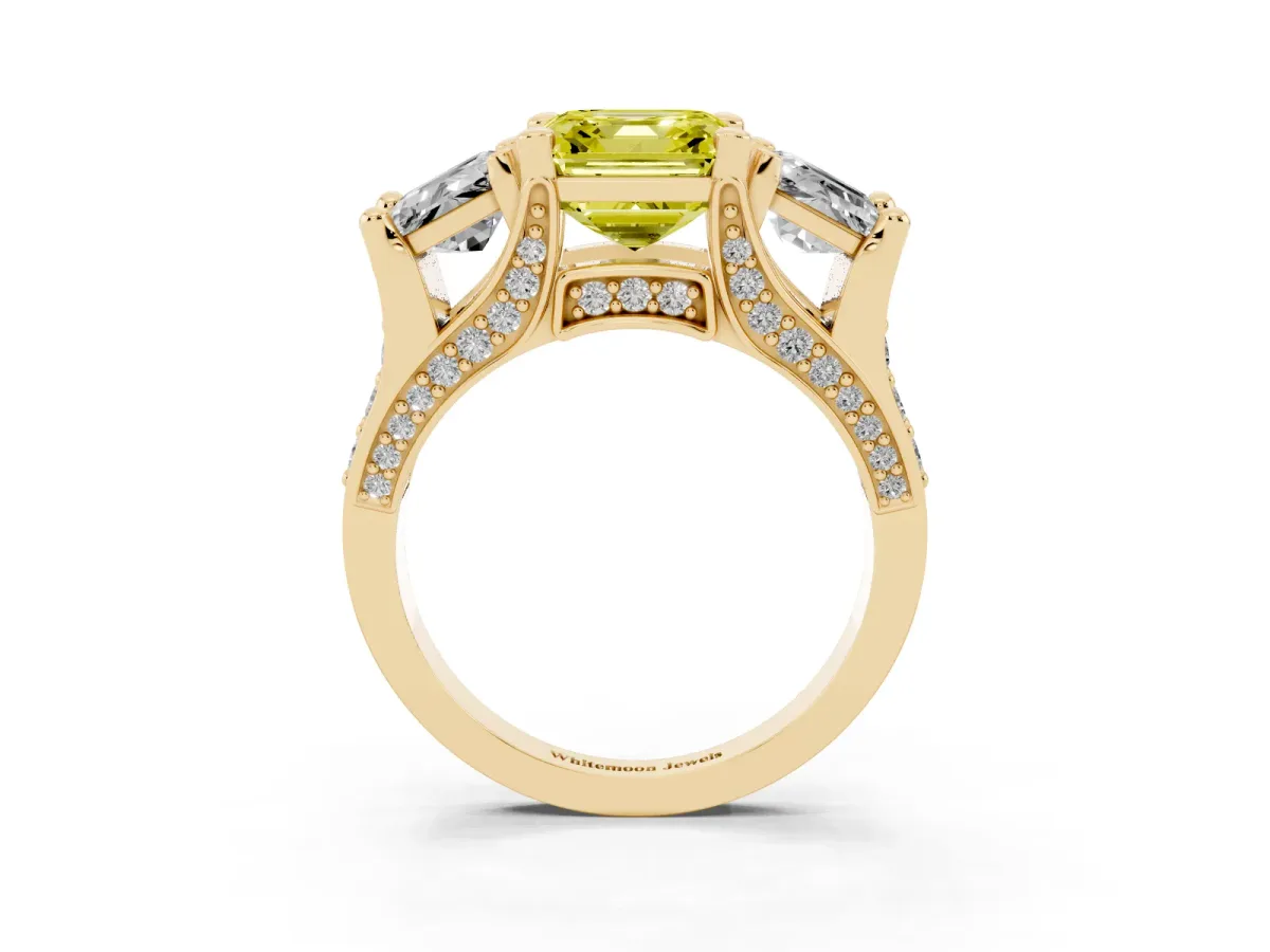 Fancy Yellow Asscher Cut Diamond Three-Stone Ring with Channel Set Band and Four-Prong Setting Yellow gold